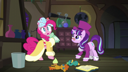 Size: 1920x1080 | Tagged: safe, derpibooru import, screencap, pinkie pie, snowfall frost, starlight glimmer, earth pony, pony, unicorn, a hearth's warming tail, book, clothes, female, mare, spirit of hearth's warming presents, trash can