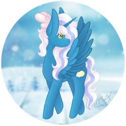 Size: 1280x1280 | Tagged: safe, artist:ioreocookie, derpibooru import, oc, oc:fleurbelle, alicorn, alicorn oc, bow, female, flying, golden eyes, hair bow, horn, mare, wings, winter