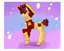 Size: 1080x859 | Tagged: safe, artist:tohor_durachok, derpibooru import, oc, oc only, earth pony, pony, abstract background, clothes, earth pony oc, eyelashes, flower, hat, hoof polish, pirate hat, raised hoof, rose, smiling, solo, tail wrap