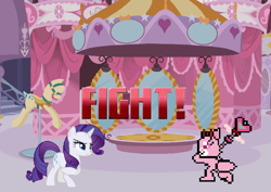 Size: 900x637 | Tagged: safe, artist:mega-poneo, derpibooru import, rarity, cat, pony, unicorn, fighting is magic, boutique, crossover, death battle, exploitable meme, female, garnet (jewelpet), jewelpet, mare, meme, pixel art, sprite, wand