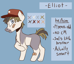 Size: 1501x1302 | Tagged: safe, artist:friendlyarts, derpibooru import, oc, oc only, oc:elliot, earth pony, pony, bandaid, baseball cap, blue eyes, cap, colt, hat, male, reference sheet, solo