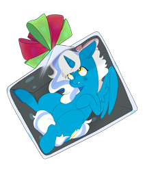 Size: 2663x3133 | Tagged: safe, artist:aztrial, derpibooru import, oc, oc:fleurbelle, alicorn, pony, alicorn oc, blushing, bow, box, female, golden eyes, hair bow, horn, mare, pony in a box, simple background, transparent background, wings