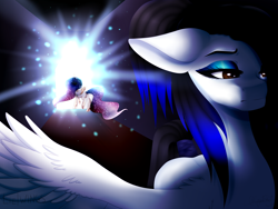 Size: 3200x2400 | Tagged: safe, artist:minelvi, derpibooru import, oc, oc only, oc:cyan crystal, pegasus, pony, duo, ethereal mane, eyelashes, female, galaxy mane, lidded eyes, makeup, mare, pegasus oc, wings