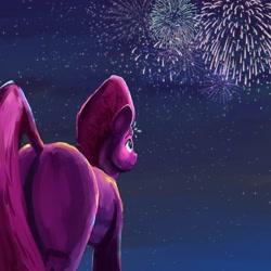 Size: 2021x2021 | Tagged: safe, artist:dummyhorse, derpibooru import, fizzlepop berrytwist, tempest shadow, pony, unicorn, broken horn, butt, female, fireworks, glowing horn, high res, horn, looking at something, looking up, mare, outdoors, perspective, plot, rear view, smiling, solo, standing, starry night, stars, tempass, three quarter view