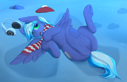 Size: 4000x2600 | Tagged: safe, artist:chapaevv, derpibooru import, oc, pegasus, clothes, commission, hat, headphones, pegasus oc, scarf, snow, snow angel, solo, wings, winter, ych result