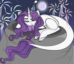 Size: 883x767 | Tagged: safe, artist:star-gaze-pony, derpibooru import, oc, oc:spectra, pony, unicorn, female, fireworks, hat, mare, party hat, sleeping, solo