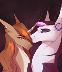 Size: 1718x2000 | Tagged: safe, artist:simonk, derpibooru import, oc, oc only, oc:gray rain, oc:night mirage, earth pony, unicorn, bust, clothes, couple, ear piercing, earring, eyeshadow, ginger, intersex, jewelry, long mane, long neck, makeup, male, multicolored hair, piercing, portrait, simple background, trap