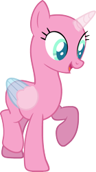 Size: 977x1748 | Tagged: safe, artist:pegasski, derpibooru import, oc, oc only, alicorn, pony, common ground, alicorn oc, bald, base, eyelashes, horn, open mouth, raised hoof, simple background, smiling, solo, transparent background, two toned wings, wings
