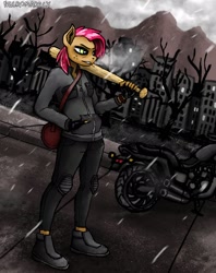 Size: 2000x2520 | Tagged: safe, artist:necromarecy, derpibooru import, babs seed, anthro, earth pony, plantigrade anthro, baseball bat, boots, clothes, fingerless gloves, gloves, jacket, lidded eyes, motorcycle, pants, shoes, solo