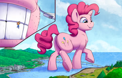 Size: 2500x1607 | Tagged: safe, artist:tsitra360, pinkie pie, earth pony, human, pony, bridge, city, clothes, commission, giant earth pony, giant pony, high res, macro, micro, mouth hold, ocean, plane, signature, tree, underhoof, water