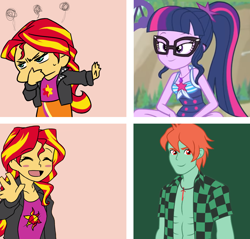 Size: 1062x1015 | Tagged: source needed, safe, artist:ruby the perfect man, sci-twi, sunset shimmer, twilight sparkle, oc, oc:ruby sword, better together, equestria girls, forgotten friendship, abs, canon x oc, clothes, female, glasses, hotline bling, implied lesbian, implied scitwishimmer, implied shipping, male, meme, shipping, straight, sunsword