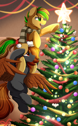 Size: 2559x4150 | Tagged: safe, artist:pridark, oc, oc only, earth pony, pegasus, pony, absurd resolution, christmas, christmas tree, clothes, commission, duo, flying, holiday, open mouth, scarf, tree, wings
