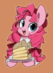 Size: 1084x1494 | Tagged: safe, artist:potetecyu_to, derpibooru import, pinkie pie, anthro, semi-anthro, alternate hairstyle, arm hooves, beret, breasts, brown background, bust, clothes, cute, cutie mark, cutie mark on clothes, diapinkes, female, food, hat, open mouth, pancakes, plate, simple background, solo, sweater vest