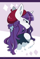 Size: 1300x1920 | Tagged: safe, artist:potetecyu_to, derpibooru import, rarity, pony, semi-anthro, unicorn, alternate hairstyle, beatnik rarity, beret, bust, clothes, cute, cutie mark accessory, female, hat, profile, raribetes, shoulderless, solo, sweater, turtleneck