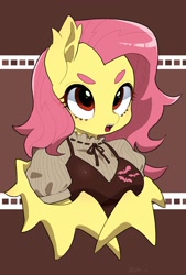 Size: 1300x1920 | Tagged: safe, artist:potetecyu_to, derpibooru import, fluttershy, bat pony, semi-anthro, bat ponified, bust, clothes, cutie mark, cutie mark on clothes, fangs, female, flutterbat, open mouth, race swap, solo