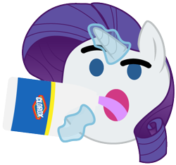 Size: 480x450 | Tagged: safe, artist:magnusmagnum, derpibooru import, rarity, pony, unicorn, bleach, clorox, drinking bleach, emote, female, levitation, magic, mare, open mouth, raised eyebrow, shitposting, simple background, solo, too dumb to live, transparent background