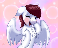 Size: 3600x3000 | Tagged: safe, artist:firehearttheinferno, derpibooru import, oc, oc:aviatrix, oc:avie, pegasus, pony, fallout equestria, fallout equestria: burdens, abstract background, anime, anime sparkles, background, bashful, blushing, bubble, chest fluff, commission, cute, fallout, female, floppy ears, happy, hooves, looking at you, mare, maroon mane, one eye closed, pink, purple, purple eyes, romance, shine, shy, smiling, solo, sparkle, sparkles, watermark, white coat, wings, wink, winking at you
