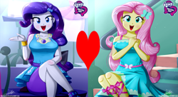 Size: 3000x1636 | Tagged: safe, artist:the-butch-x, derpibooru import, edit, fluttershy, rarity, equestria girls, female, flarity, heart, lesbian, shipping, shipping domino