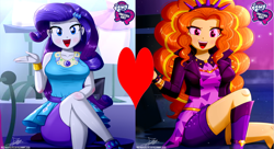 Size: 3000x1636 | Tagged: safe, artist:the-butch-x, derpibooru import, edit, adagio dazzle, rarity, equestria girls, adagity, female, heart, lesbian, shipping, shipping domino