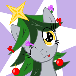 Size: 10000x10000 | Tagged: safe, artist:mraagh, derpibooru import, oc, oc only, oc:sorunome, pegasus, pony, .svg available, abstract background, absurd resolution, bow, bust, christmas, christmas tree, colored, cute, eye clipping through hair, female, flat colors, golden eyes, gray coat, green mane, hair, hair bow, hair decorations, head, holiday, jewelry, looking at you, mane, mare, multicolored hair, multicolored mane, not derpy, one eye closed, portrait, silly, smiling at you, solo, starry eyes, tongue out, tree, vector, wingding eyes, wink, winking at you