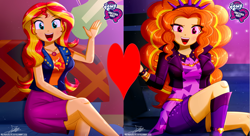 Size: 3000x1636 | Tagged: safe, artist:the-butch-x, derpibooru import, edit, adagio dazzle, sunset shimmer, equestria girls, female, heart, lesbian, shipping, shipping domino, sunsagio