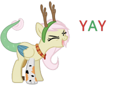 Size: 1274x889 | Tagged: safe, artist:millerrachel, derpibooru import, oc, oc only, oc:fate, hybrid, animal costume, christmas, costume, eyes closed, happy, holiday, interspecies offspring, offspring, parent:discord, parent:fluttershy, parents:discoshy, reindeer costume, simple background, solo, transparent background, yay