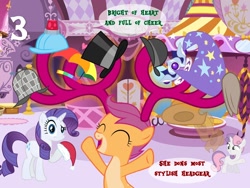 Size: 1280x960 | Tagged: safe, artist:bronybyexception, derpibooru import, rarity, scootaloo, sweetie belle, pony, unicorn, advent calendar, antlers, bowler hat, cap, christmas, clothes, confused, cowboy hat, crown, deerstalker, female, filly, happy, hard hat, hat, holiday, jewelry, regalia, santa hat, top hat, trixie's hat, two toned mane, two toned tail, umbrella hat