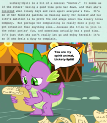 Size: 950x1100 | Tagged: safe, derpibooru import, edit, screencap, lickety split, spike, dragon, earth pony, pony, g1, triple threat, comic relief, g1 backstory, lore, male, monospace, my little pony writers' guide, personality, scanned, solo