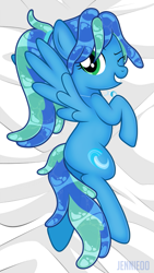 Size: 675x1200 | Tagged: safe, artist:jennieoo, derpibooru import, oc, oc:ocean soul, pegasus, pony, elemental, happy, looking at you, one eye closed, smiling, solo, water mane, wings, wink, winking at you