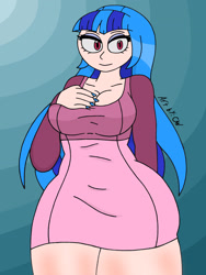 Size: 1932x2576 | Tagged: safe, artist:c_w, derpibooru import, sonata dusk, human, big breasts, breasts, cleavage, clothes, dress, eyelashes, eyeshadow, hand behind back, hand on breasts, hand on chest, humanized, looking at you, makeup, nail polish, plump, smiling, smiling at you, sonata bust, thighs