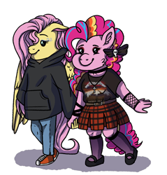 Size: 1912x2000 | Tagged: safe, artist:yonipony, derpibooru import, fluttershy, pinkie pie, anthro, earth pony, pegasus, plantigrade anthro, bow, choker, chubbie pie, chubby, chubbyshy, clothes, converse, cross, eyeshadow, female, fishnet stockings, flutterpie, goth, gothic pinkie, hair bow, holding hands, hoodie, jeans, jewelry, lesbian, makeup, mary janes, master of puppets, metallica, necklace, pants, plaid skirt, shipping, shirt, shoes, simple background, skirt, sneakers, stockings, t-shirt, thigh highs, transparent background