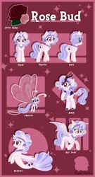 Size: 1280x2370 | Tagged: safe, artist:happy-go-creative, derpibooru import, oc, oc:rose bud, alicorn, bat pony, breezie, kirin, pony, seapony (g4), bat ponified, breeziefied, female, kirin-ified, mare, race swap, reference sheet, seaponified, solo, species swap