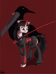 Size: 3543x4722 | Tagged: safe, artist:lin feng, derpibooru import, bird, pony, raven (bird), unicorn, katana, raven branwen, rwby, solo, sword, weapon