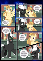 Size: 3259x4607 | Tagged: safe, artist:estories, derpibooru import, oc, oc only, oc:alice goldenfeather, oc:möbius, pegasus, pony, unicorn, comic:nevermore, comic, horn, pegasus oc, speech bubble, unicorn oc, wings