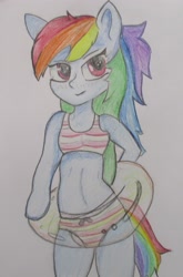 Size: 2545x3855 | Tagged: safe, artist:star lily, derpibooru import, rainbow dash, anthro, semi-anthro, arm hooves, clothes, diaper, diaper fetish, fetish, inner tube, solo, swimsuit, traditional art