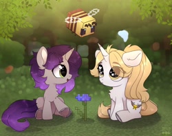 Size: 2480x1950 | Tagged: safe, artist:reterica, derpibooru import, oc, oc only, oc:moonsonat, bee, insect, pony, unicorn, chibi, duo, eye clipping through hair, female, flower, forest, horseshoes, minecraft, minecraft bee, open mouth, sitting, smiling, underhoof