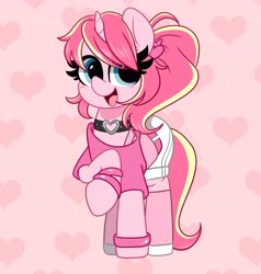 Size: 3898x4096 | Tagged: safe, artist:kittyrosie, derpibooru import, oc, oc only, oc:rosa flame, pony, unicorn, abstract background, blushing, bracelet, choker, clothes, female, jewelry, looking at you, mare, open mouth, raised hoof, shirt, shorts, smiling, solo