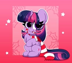 Size: 4096x3584 | Tagged: safe, artist:kittyrosie, derpibooru import, twilight sparkle, twilight sparkle (alicorn), alicorn, pony, abstract background, blushing, candy, candy cane, christmas, clothes, cute, ear fluff, female, food, high res, holiday, kittyrosie is trying to murder us, looking at you, mare, scarf, sitting, smiling, solo, twiabetes