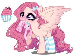 Size: 2000x1500 | Tagged: safe, artist:gihhbloonde, derpibooru import, oc, pegasus, pony, clothes, female, magical lesbian spawn, mare, offspring, parent:fluttershy, parent:sugar belle, plushie, simple background, socks, solo, striped socks, transparent background