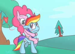 Size: 1024x747 | Tagged: safe, artist:mr-degration, derpibooru import, pinkie pie, rainbow dash, earth pony, pegasus, pony, biting, blushing, cute, ear bite, female, floating heart, heart, lesbian, pinkiedash, ponies riding ponies, riding, shipping, smiling