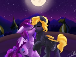 Size: 2048x1536 | Tagged: safe, artist:sweetkllrvane, derpibooru import, oc, oc:cosmic star, oc:sirius nova, alicorn, bat pony, pony, ethereal mane, galaxy mane, kissing, moon, oc x oc, shipping