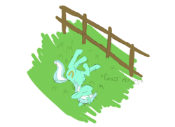 Size: 2200x1600 | Tagged: safe, artist:sufficient, derpibooru import, lyra heartstrings, pony, unicorn, cute, female, fence, grass, happy, horses doing horse things, lying down, mare, rolling, simple background, solo, white background