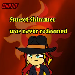 Size: 768x768 | Tagged: safe, derpibooru import, sunset shimmer, equestria girls, alternate universe, clothes, evil sunset shimmer, fanfic, fedora, hat, trenchcoat, what if