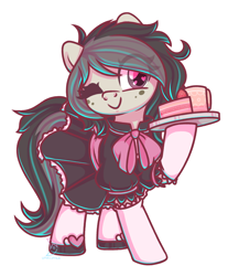 Size: 2150x2480 | Tagged: safe, artist:musicfirewind, derpibooru import, oc, oc only, oc:polka dot, earth pony, pony, bow, cake, clothes, commission, cute, dress, earth pony oc, female, food, freckles, heart, heart eyes, maid, mare, ocbetes, one eye closed, raised hoof, shoes, simple background, smiling, socks, solo, transparent background, wingding eyes, wink, ych result