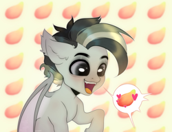 Size: 1280x981 | Tagged: safe, artist:azaani, derpibooru import, oc, oc only, bat pony, pony, bat pony oc, bat wings, chibi, fangs, food, male, mango, simple background, solo, speech bubble, wings