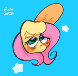 Size: 1024x999 | Tagged: safe, artist:gissel00001, derpibooru import, fluttershy, pegasus, pony, blue background, blushing, bust, female, long ears, looking at you, looking up, mare, portrait, simple background, solo, stars, three quarter view