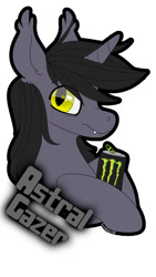 Size: 720x1280 | Tagged: safe, artist:dragonwithcoffee, derpibooru import, oc, oc only, oc:astral gazer, alicorn, bat pony, bat pony alicorn, alicorn oc, heterochromia, horn, looking at you, male, monster energy, stallion