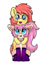 Size: 4000x6000 | Tagged: safe, artist:yelowcrom, derpibooru import, oc, oc only, oc:bijou butterfly, oc:brushie, earth pony, pony, 2021 community collab, blushing, clothes, cute, derpibooru community collaboration, female, looking at each other, mare, owo, simple background, socks, transparent background