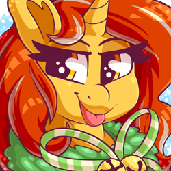 Size: 2000x2000 | Tagged: safe, artist:graphene, derpibooru import, oc, oc only, oc:cinderheart, pony, unicorn, bells, bow, bust, cute, eyelashes, female, holiday, looking at you, mare, portrait, profile picture, snow, solo, tongue out, wreath