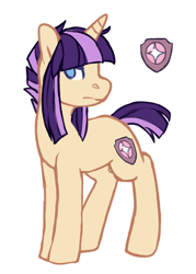 Size: 1024x1429 | Tagged: safe, artist:pomrawr, derpibooru import, oc, oc only, pony, unicorn, cutie mark, female, mare, no pupils, offspring, parent:flash sentry, parent:twilight sparkle, parents:flashlight, simple background, solo, unnamed oc, white background